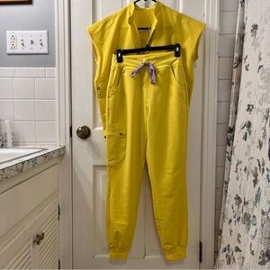 Figs Scrub Set in Lifesaver Yellow with Purple Tie